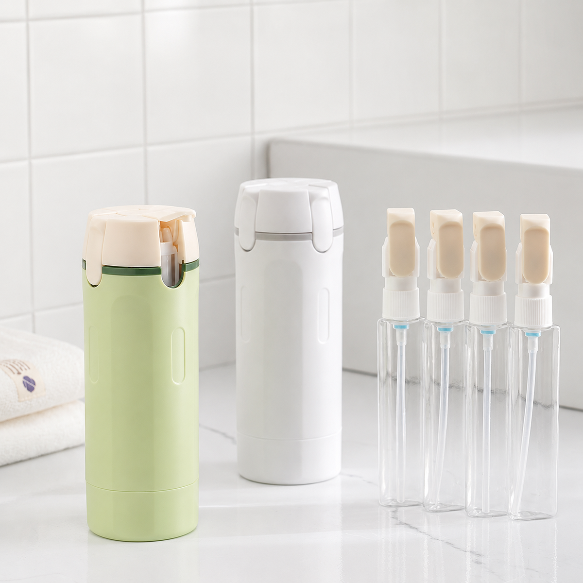 TravelFlow, 4-i-1 Rejsedispenser - Flasker til Shampoo, Lotion & Hudpleje